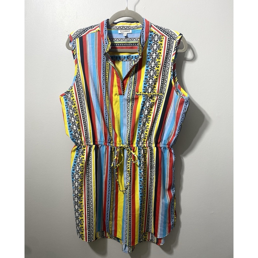 Sleeveless Tunic Top Vertical Multicolor Stripes Drawstring Waist 1X Art to Wear